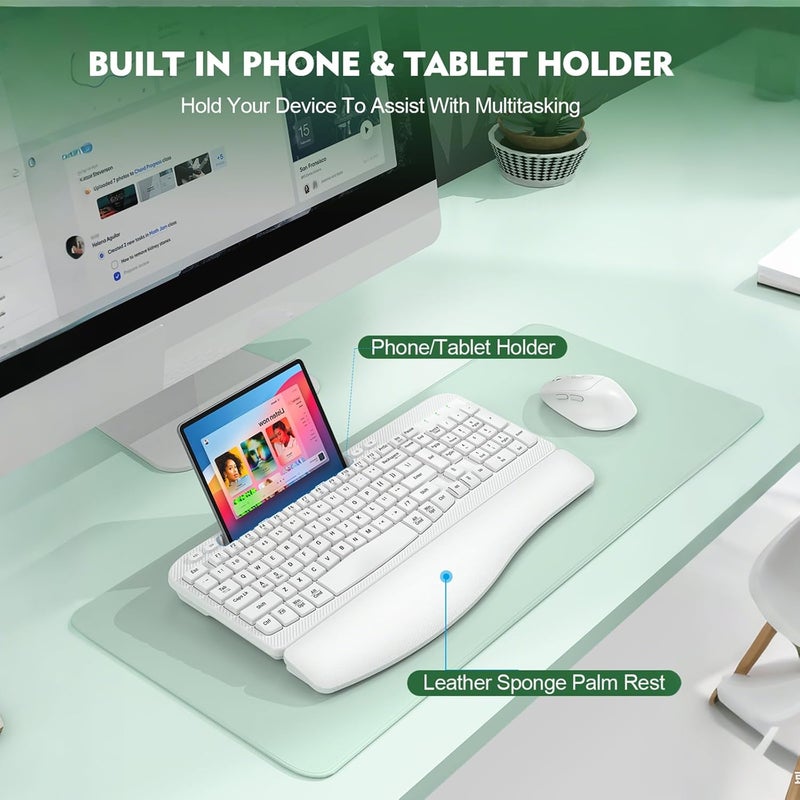 EAYBLLY Wireless Keyboard and Mouse Combo, Wave Keys Full-Sized Ergonomic Keyboard with Cushioned Plam Rest, Phone Holder, Comfortable Natural Typing, 2.4G Cordless Set for Computer, Laptop, PC, Mac, Windows - Image 5